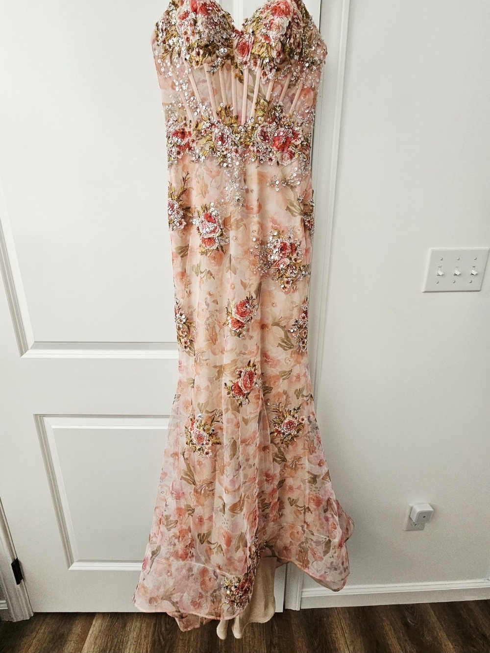 Strapless Pink Floral Sequin Evening Gown